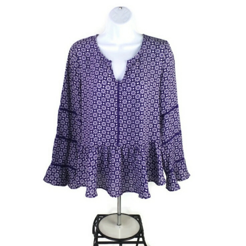 Dina Be Purple White Geometric Print Long Sleeve Peasant Blouse Womens Medium